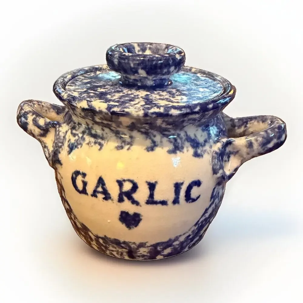 Vintage Hand Made Stoneware GARLIC KEEPER Jar Blue White Artist Signed 3820/68